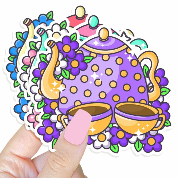 This image shows an hand-drawn adorable sticker, Cute Teapots Sticker, which is available to purchase from HunnieByte.com