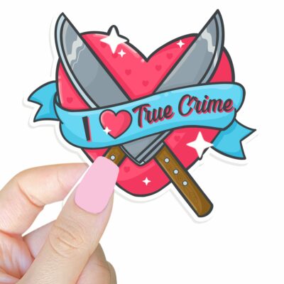 This image shows our adorable sticker finishes, I Love True Crime Sticker, which is available to purchase from HunnieByte.com