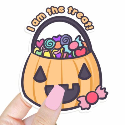 This image shows an hand-drawn adorable sticker, I Am The Treat Jack O Lantern Sticker, which is available to purchase from HunnieByte.com