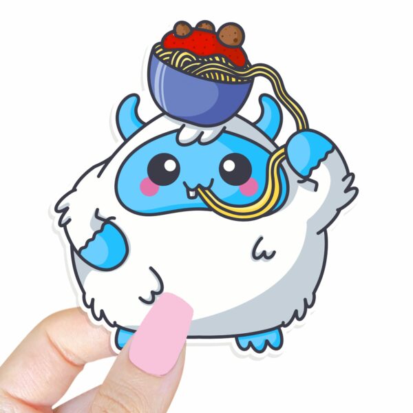 This image shows an hand-drawn adorable sticker, Yeti Spaghetti Sticker, which is available to purchase from HunnieByte.com