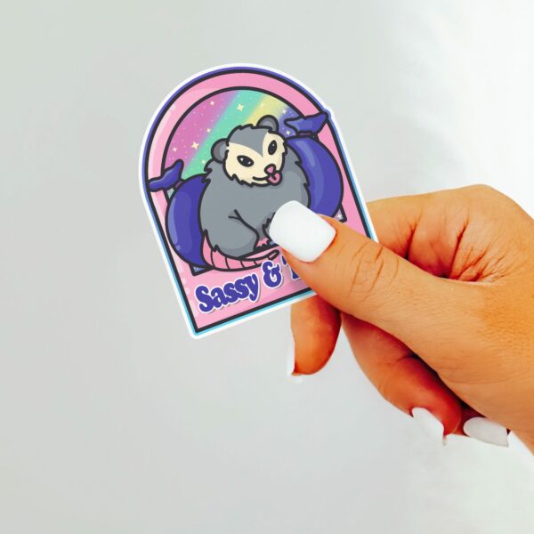 This image shows our adorable sticker finishes, Sassy And Trashy Possum Sticker, which is available to purchase from HunnieByte.com