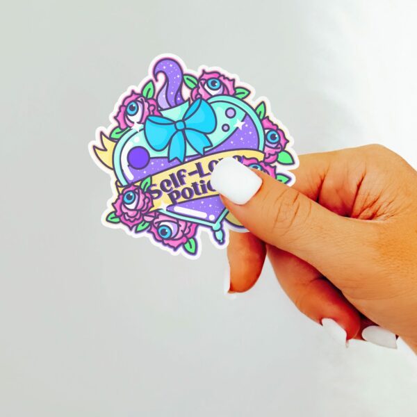 This image shows our adorable sticker finishes, Self Love Potion Sticker, which is available to purchase from HunnieByte.com