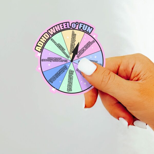 This image shows our adorable sticker finishes, ADHD Wheel O Fun Sticker, which is available to purchase from HunnieByte.com