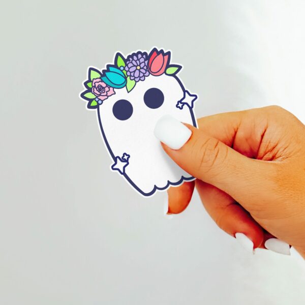 This image shows an hand-drawn adorable sticker, Bootiful Ghost Sticker, which is available to purchase from HunnieByte.com