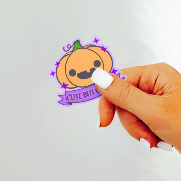 This image shows an hand-drawn adorable sticker, Cute But Creepy Pumpkin Sticker, which is available to purchase from HunnieByte.com