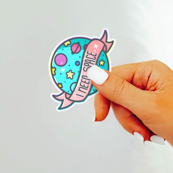 This image shows an hand-drawn adorable sticker, I Need Space Sticker, which is available to purchase from HunnieByte.com