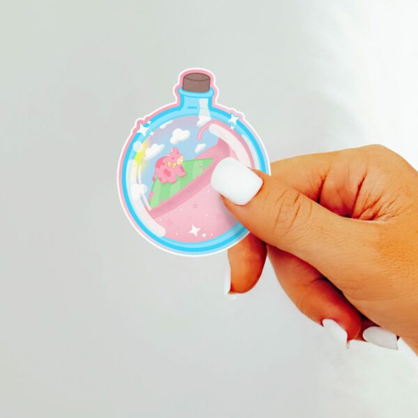 This image shows an hand-drawn adorable sticker, Strawberry Cow Potion Sticker, which is available to purchase from HunnieByte.com