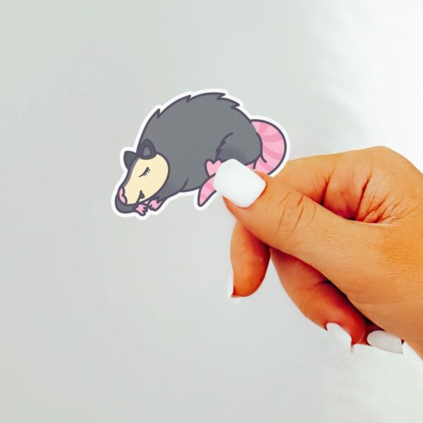 This image shows an hand-drawn adorable sticker, Sleeping Possum Sticker, which is available to purchase from HunnieByte.com