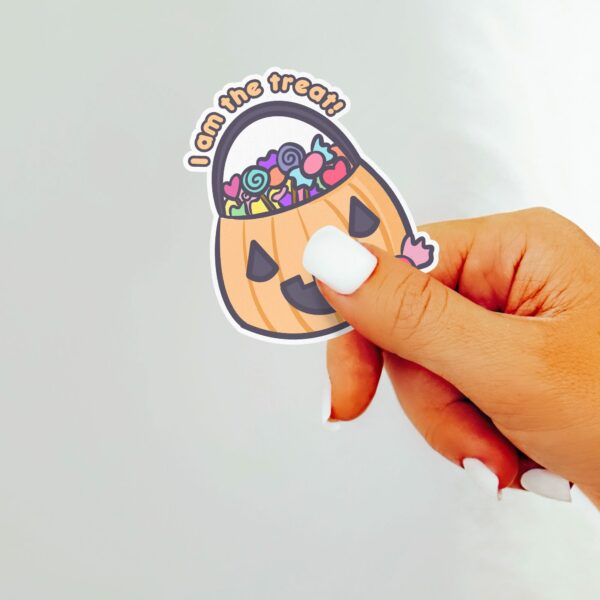 This image shows an hand-drawn adorable sticker, I Am The Treat Jack O Lantern Sticker, which is available to purchase from HunnieByte.com