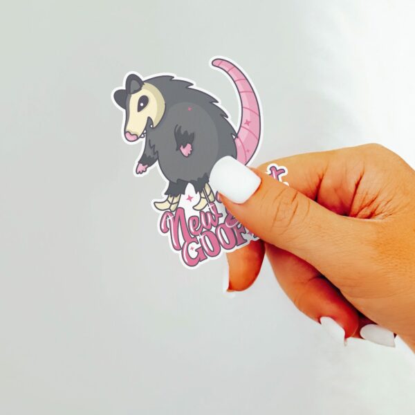 This image shows an hand-drawn adorable sticker, New Boot Goofin Possum Sticker, which is available to purchase from HunnieByte.com