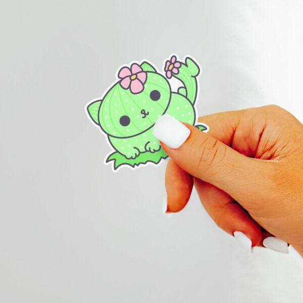 This image shows an hand-drawn adorable sticker, Cacticat Sticker, which is available to purchase from HunnieByte.com