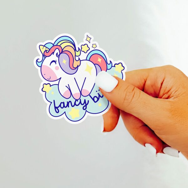 This image shows our adorable sticker finishes, Fancy Bitch Unicorn Sticker, which is available to purchase from HunnieByte.com