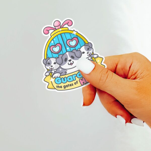 This image shows our adorable sticker finishes, Guarding The Gates Of Heck Sticker, which is available to purchase from HunnieByte.com