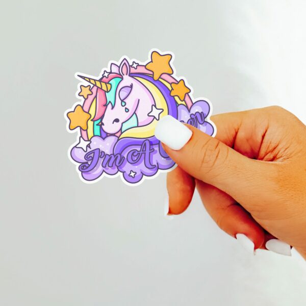 This image shows our adorable sticker finishes, Im A Crier Unicorn Sticker, which is available to purchase from HunnieByte.com