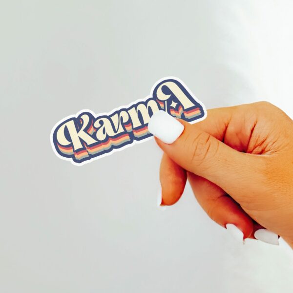 This image shows our adorable sticker finishes, Retro Karma Sticker, which is available to purchase from HunnieByte.com