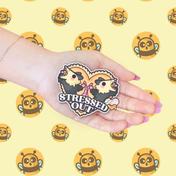 This image shows our adorable sticker finishes, Stressed Out Possum Sticker, which is available to purchase from HunnieByte.com