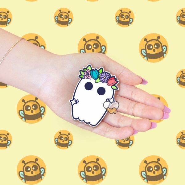 This image shows an hand-drawn adorable sticker, Bootiful Ghost Sticker, which is available to purchase from HunnieByte.com