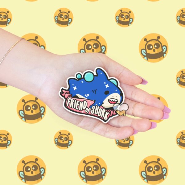 This image shows an hand-drawn adorable sticker, Friend of Shork Shark Sticker, which is available to purchase from HunnieByte.com