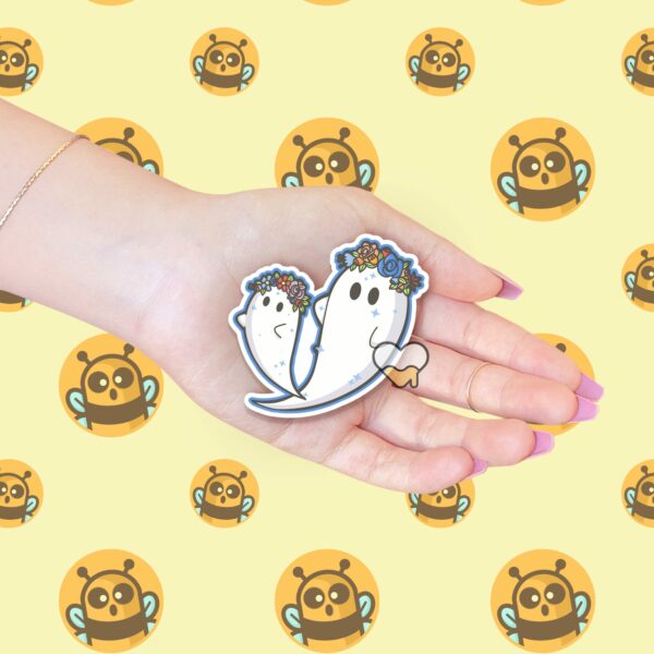 This image shows an hand-drawn adorable sticker, Floral Ghosts Sticker, which is available to purchase from HunnieByte.com