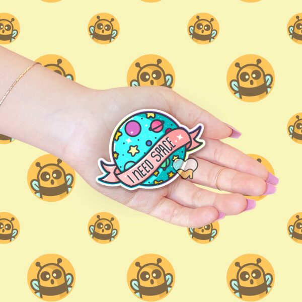 This image shows an hand-drawn adorable sticker, I Need Space Sticker, which is available to purchase from HunnieByte.com