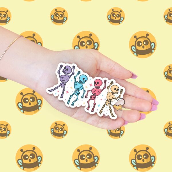 This image shows an hand-drawn adorable sticker, Skeleton Dance Party Sticker, which is available to purchase from HunnieByte.com