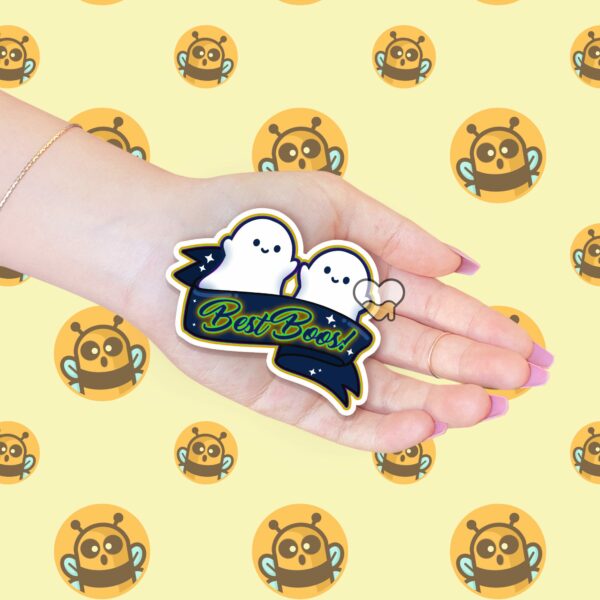 This image shows an hand-drawn adorable sticker, Best Boos Ghost Sticker, which is available to purchase from HunnieByte.com