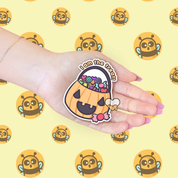 This image shows an hand-drawn adorable sticker, I Am The Treat Jack O Lantern Sticker, which is available to purchase from HunnieByte.com