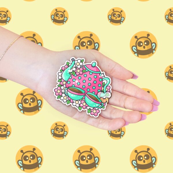 This image shows an hand-drawn adorable sticker, Cute Teapots Sticker, which is available to purchase from HunnieByte.com