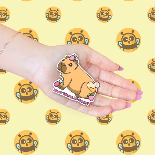 This image shows an hand-drawn adorable sticker, Dont Worry Be Cappy Sticker, which is available to purchase from HunnieByte.com