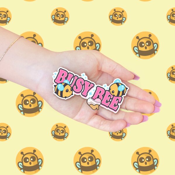 This image shows an hand-drawn adorable sticker, Busy Bee Sticker, which is available to purchase from HunnieByte.com