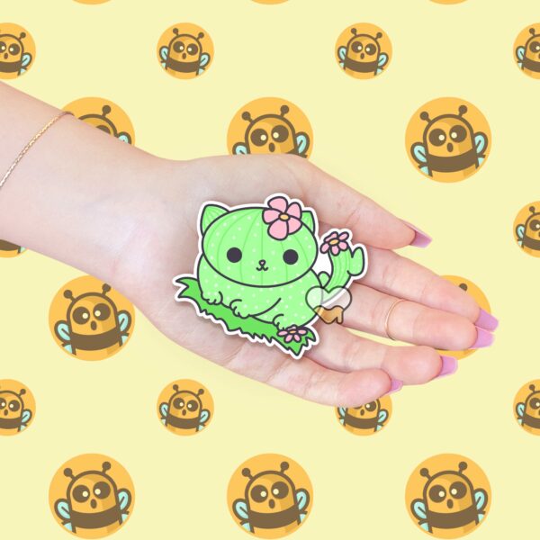 This image shows an hand-drawn adorable sticker, Cacticat Sticker, which is available to purchase from HunnieByte.com