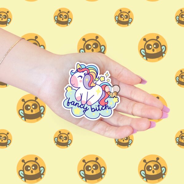 This image shows our adorable sticker finishes, Fancy Bitch Unicorn Sticker, which is available to purchase from HunnieByte.com