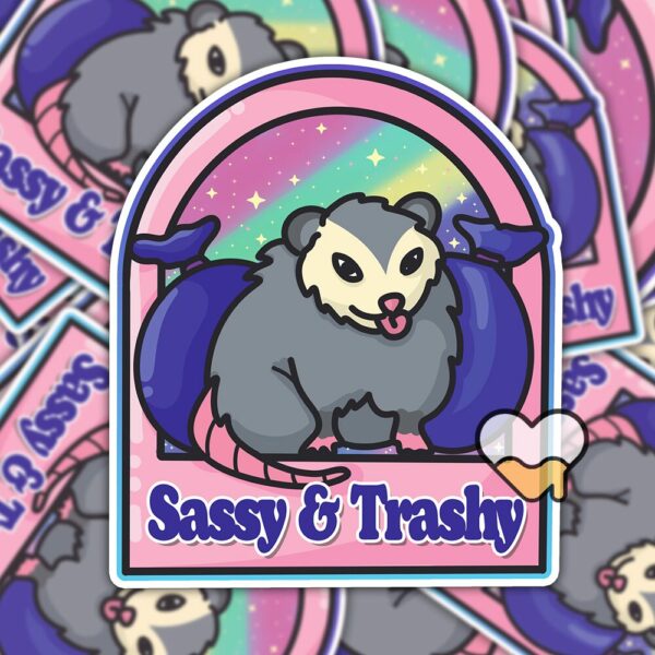 This image shows our adorable sticker finishes, Sassy And Trashy Possum Sticker, which is available to purchase from HunnieByte.com