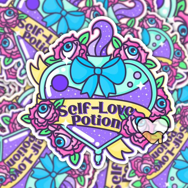 This image shows our adorable sticker finishes, Self Love Potion Sticker, which is available to purchase from HunnieByte.com