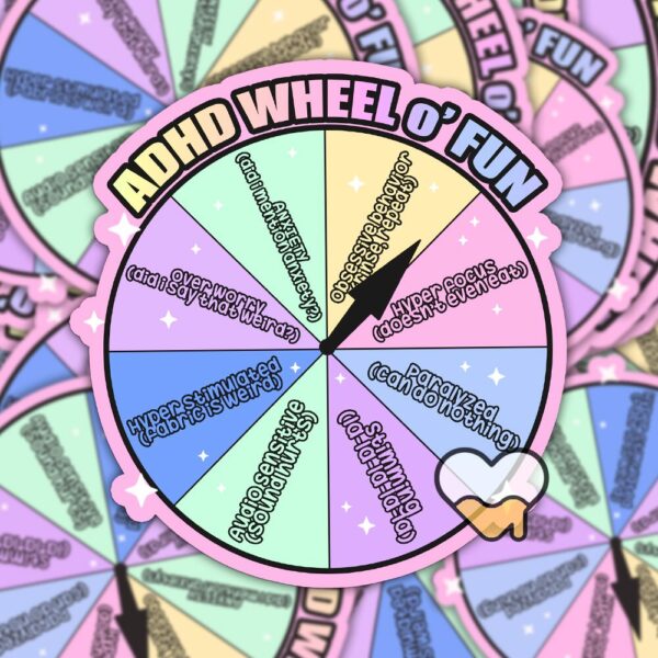 This image shows our adorable sticker finishes, ADHD Wheel O Fun Sticker, which is available to purchase from HunnieByte.com