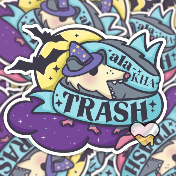 This image shows our adorable sticker finishes, Ala Ka Trash Possum Sticker, which is available to purchase from HunnieByte.com