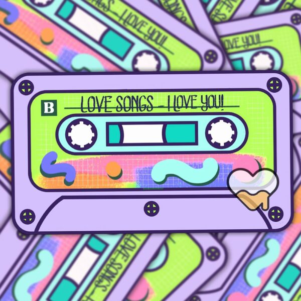 This image shows our adorable sticker finishes, Mixed Tape Love Songs Sticker, which is available to purchase from HunnieByte.com