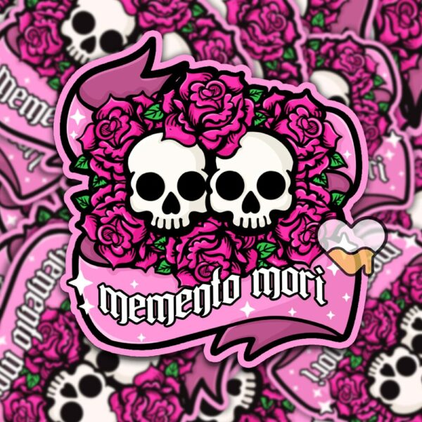 This image shows our adorable sticker finishes, Memento Mori Sticker, which is available to purchase from HunnieByte.com