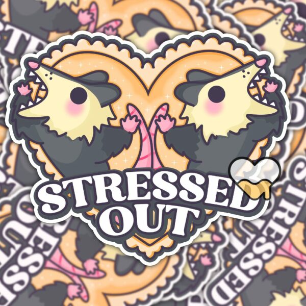 This image shows our adorable sticker finishes, Stressed Out Possum Sticker, which is available to purchase from HunnieByte.com