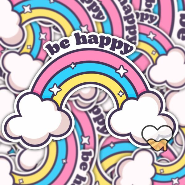 This image shows an hand-drawn adorable sticker, Be Happy Rainbow Sticker, which is available to purchase from HunnieByte.com