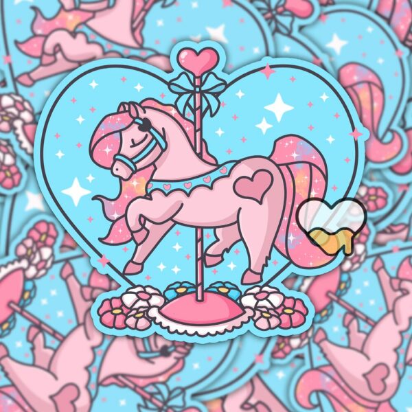 This image shows an hand-drawn adorable sticker, Carousel Horse Twinkle Heart Sticker, which is available to purchase from HunnieByte.com