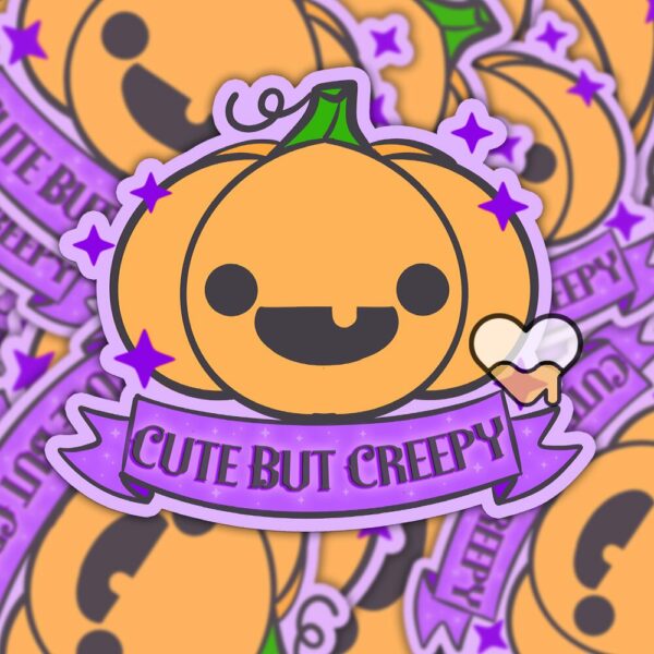 This image shows an hand-drawn adorable sticker, Cute But Creepy Pumpkin Sticker, which is available to purchase from HunnieByte.com