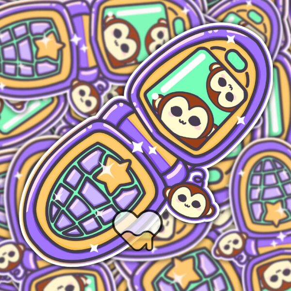 This image shows an hand-drawn adorable sticker, Flip Phone Fun Monkey Friend, which is available to purchase from HunnieByte.com