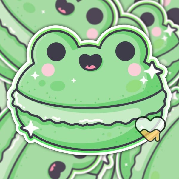 This image shows an hand-drawn adorable sticker, Frog Macaroon Sticker, which is available to purchase from HunnieByte.com