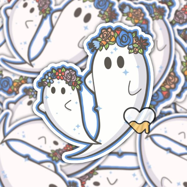 This image shows an hand-drawn adorable sticker, Floral Ghosts Sticker, which is available to purchase from HunnieByte.com