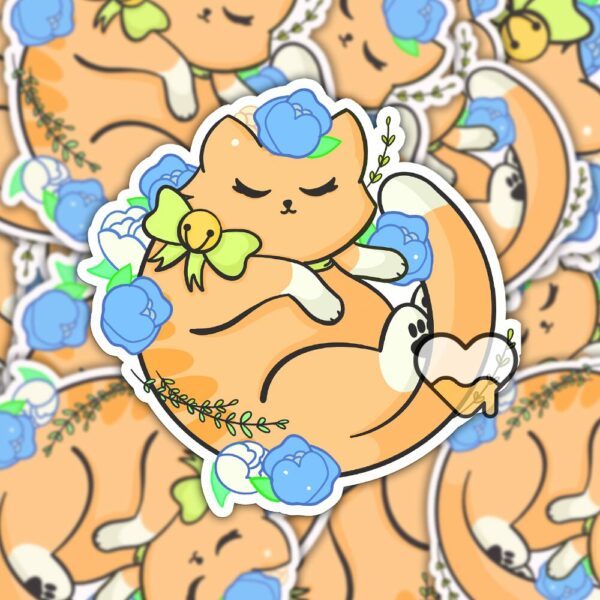 This image shows an hand-drawn adorable sticker, Floral Orange Kitty Sticker, which is available to purchase from HunnieByte.com