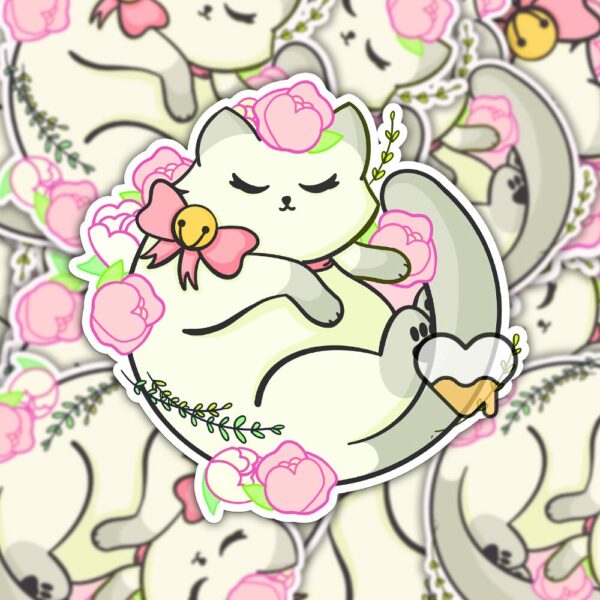 This image shows an hand-drawn adorable sticker, Floral White Kitty Sticker, which is available to purchase from HunnieByte.com