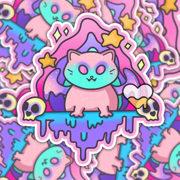 This image shows our adorable sticker finishes, Creepy Dripping Kitty Sticker, which is available to purchase from HunnieByte.com