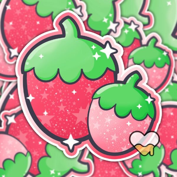 This image shows an hand-drawn adorable sticker, Sparkle Strawberries Sticker, which is available to purchase from HunnieByte.com