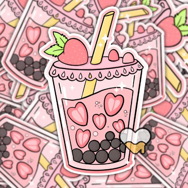 This image shows an hand-drawn adorable sticker, Strawberry Boba Sticker, which is available to purchase from HunnieByte.com